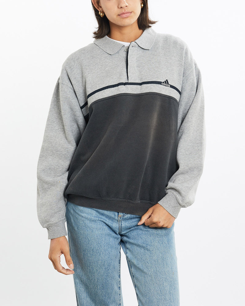 Vintage, 90s, Adidas, Collared, Sweatshirt, The Real Deal, size small, colour Grey, newtown, sydney, australia, thrift store, opshop, preloved, secondhand, sustainable, retro, antique, 70s, 80s, 90s, 2000s, 00s, fashion, clothing, streetwear, trendy, garment, style, boutique, store, shop, archive, sale, cheap, best, top, Sweats and hoodies