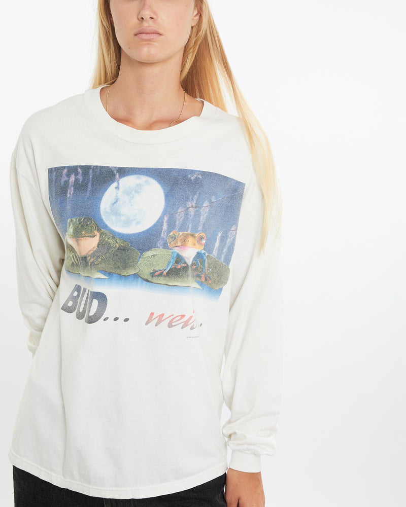 Vintage, 1995, Budweiser, Long, Sleeve, Tee, The Real Deal, size medium, colour White, newtown, sydney, australia, thrift store, opshop, preloved, secondhand, sustainable, retro, antique, 70s, 80s, 90s, 2000s, 00s, fashion, clothing, streetwear, trendy, garment, style, boutique, store, shop, archive, sale, cheap, best, top, T-Shirts