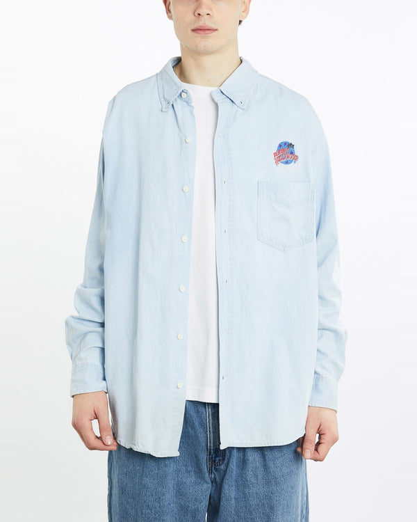 Vintage, 90s, Planet, Hollywood, Denim, Button, Up, Shirt, The Real Deal, size extra large, colour Blue, newtown, sydney, australia, thrift store, opshop, preloved, secondhand, sustainable, retro, antique, 70s, 80s, 90s, 2000s, 00s, fashion, clothing, streetwear, trendy, garment, style, boutique, store, shop, archive, sale, cheap, best, top, Shirts