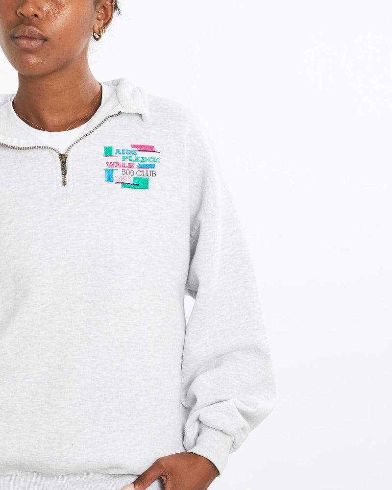 Vintage, 1996, Aids, Pledge, Walk, Quarter, Zip, Sweatshirt, The Real Deal, size medium, colour Grey, newtown, sydney, australia, thrift store, opshop, preloved, secondhand, sustainable, retro, antique, 70s, 80s, 90s, 2000s, 00s, fashion, clothing, streetwear, trendy, garment, style, boutique, store, shop, archive, sale, cheap, best, top, Sweats and hoodies