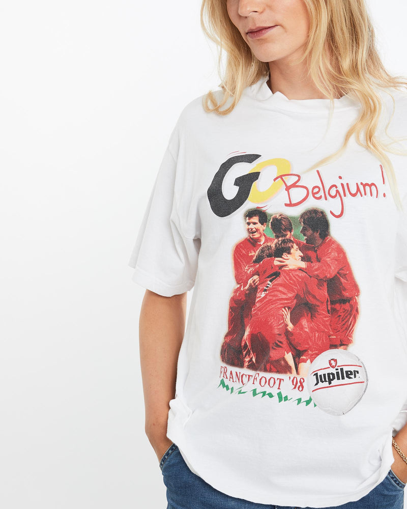 Vintage, 1998, France, FIFA, World, Cup, Belgium, Team, Tee, The Real Deal, size medium, colour White, newtown, sydney, australia, thrift store, opshop, preloved, secondhand, sustainable, retro, antique, 70s, 80s, 90s, 2000s, 00s, fashion, clothing, streetwear, trendy, garment, style, boutique, store, shop, archive, sale, cheap, best, top, T-Shirts