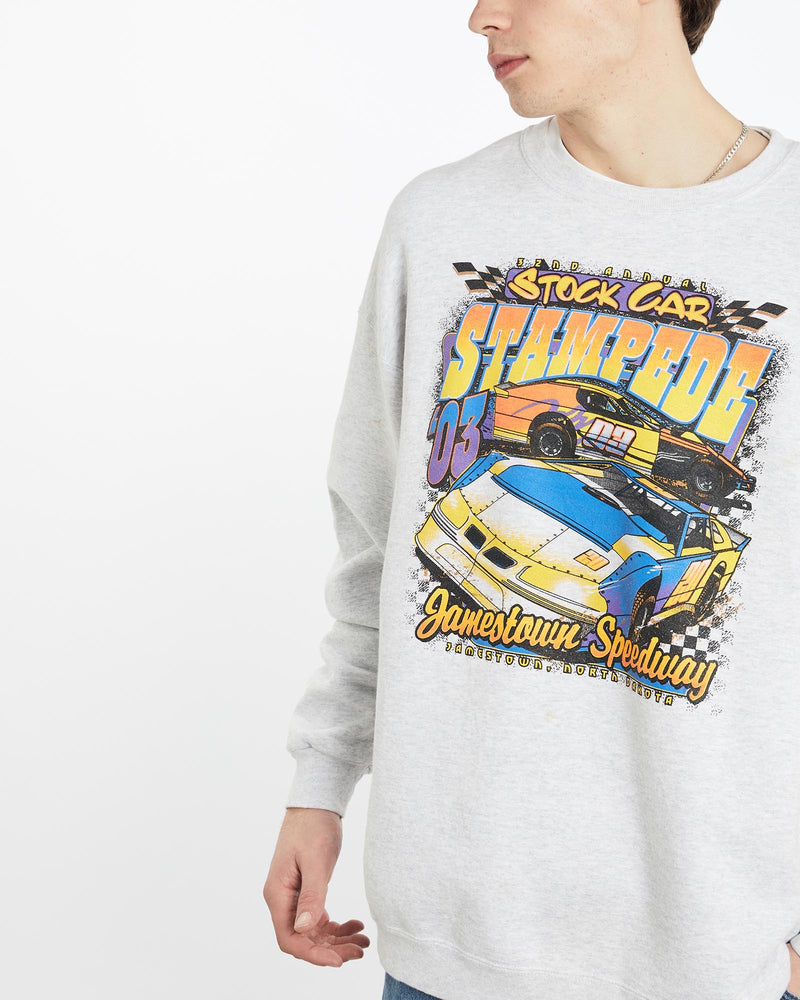 Vintage, Jamestown, Speedway, Racing, Sweatshirt, The Real Deal, size extra large, colour Grey, newtown, sydney, australia, thrift store, opshop, preloved, secondhand, sustainable, retro, antique, 70s, 80s, 90s, 2000s, 00s, fashion, clothing, streetwear, trendy, garment, style, boutique, store, shop, archive, sale, cheap, best, top, Sweats and hoodies