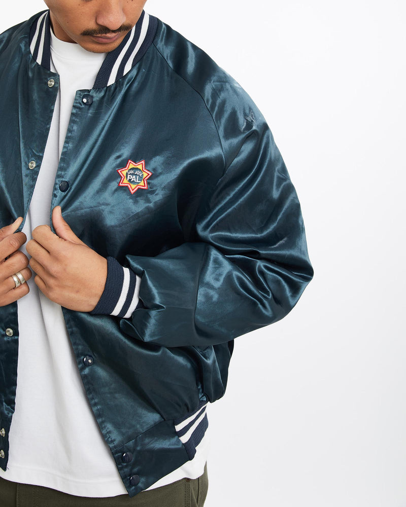 Vintage, 80s, San, Jose, PAL, Varsity, Jacket, The Real Deal, size large, colour Navy, newtown, sydney, australia, thrift store, opshop, preloved, secondhand, sustainable, retro, antique, 70s, 80s, 90s, 2000s, 00s, fashion, clothing, streetwear, trendy, garment, style, boutique, store, shop, archive, sale, cheap, best, top, Jackets