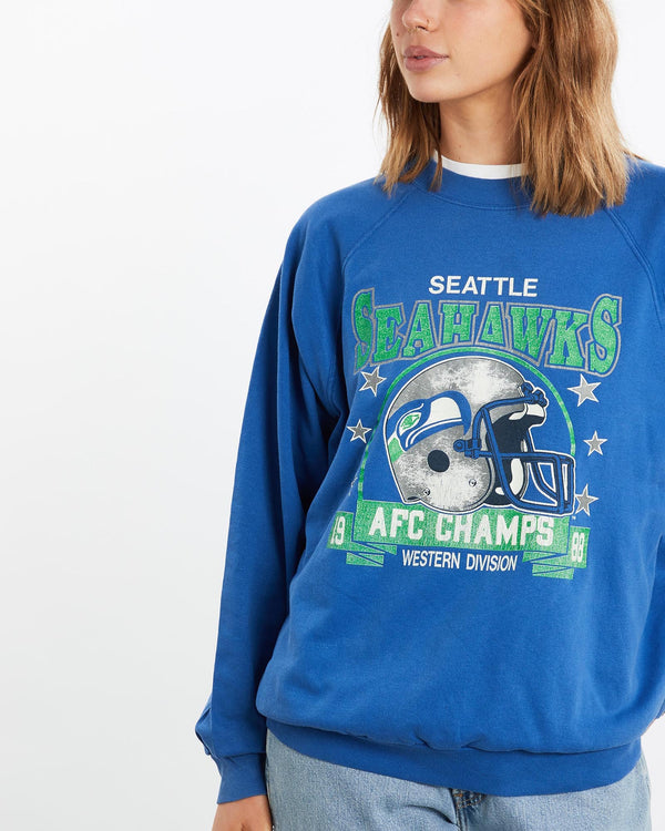 Vintage, 1988, NFL, Seattle, Seahawks, Sweatshirt, The Real Deal, size medium, colour Blue, newtown, sydney, australia, thrift store, opshop, preloved, secondhand, sustainable, retro, antique, 70s, 80s, 90s, 2000s, 00s, fashion, clothing, streetwear, trendy, garment, style, boutique, store, shop, archive, sale, cheap, best, top, Sweats and hoodies