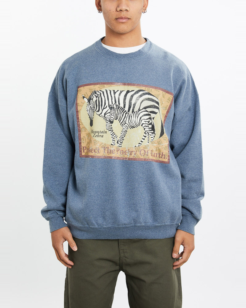 Vintage, 90s, WWF, Zebra, Wildlife, Sweatshirt, The Real Deal, size large, colour Blue, newtown, sydney, australia, thrift store, opshop, preloved, secondhand, sustainable, retro, antique, 70s, 80s, 90s, 2000s, 00s, fashion, clothing, streetwear, trendy, garment, style, boutique, store, shop, archive, sale, cheap, best, top, Sweats and hoodies
