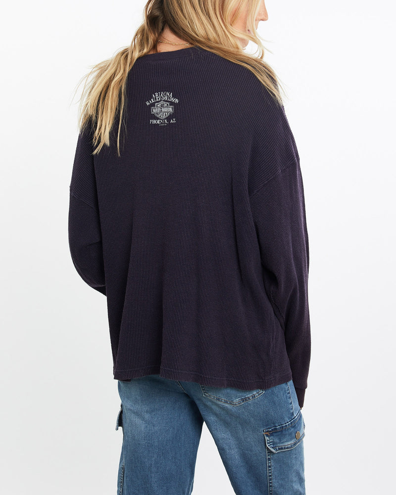 Vintage, Harley, Davidson, Thermal, Long, Sleeve, Tee, The Real Deal, size extra large, colour Purple, newtown, sydney, australia, thrift store, opshop, preloved, secondhand, sustainable, retro, antique, 70s, 80s, 90s, 2000s, 00s, fashion, clothing, streetwear, trendy, garment, style, boutique, store, shop, archive, sale, cheap, best, top, T-Shirts