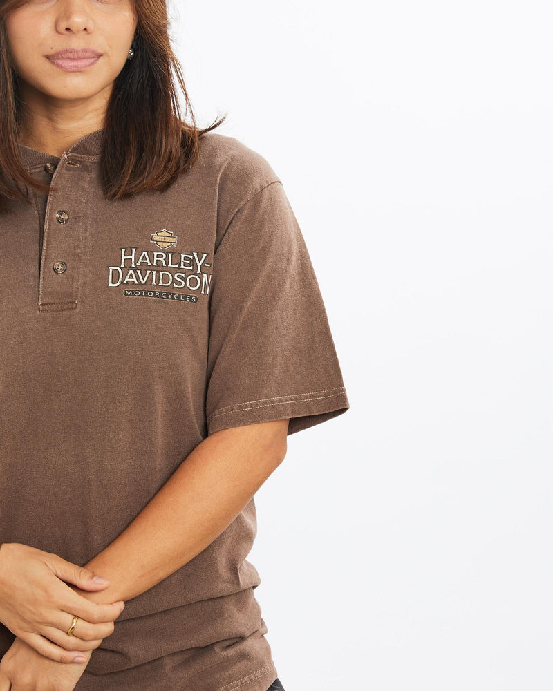 Vintage, Harley, Davidson, Henley, Tee, The Real Deal, size extra small, colour Grey, newtown, sydney, australia, thrift store, opshop, preloved, secondhand, sustainable, retro, antique, 70s, 80s, 90s, 2000s, 00s, fashion, clothing, streetwear, trendy, garment, style, boutique, store, shop, archive, sale, cheap, best, top, T-Shirts