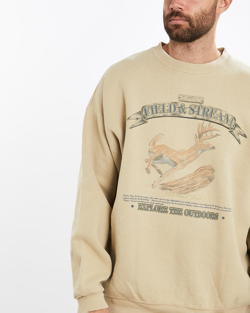 Vintage, 90s, Field, &, Stream, Deer, Wildlife, Sweatshirt, The Real Deal, size double extra large, colour Beige, newtown, sydney, australia, thrift store, opshop, preloved, secondhand, sustainable, retro, antique, 70s, 80s, 90s, 2000s, 00s, fashion, clothing, streetwear, trendy, garment, style, boutique, store, shop, archive, sale, cheap, best, top, Sweats and hoodies