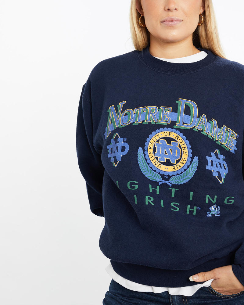 Vintage, 90s, NCAA, Notre, Dame, Fighting, Irish, Sweatshirt, The Real Deal, size medium, colour Navy, newtown, sydney, australia, thrift store, opshop, preloved, secondhand, sustainable, retro, antique, 70s, 80s, 90s, 2000s, 00s, fashion, clothing, streetwear, trendy, garment, style, boutique, store, shop, archive, sale, cheap, best, top, Sweats and hoodies