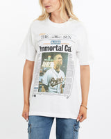 Vintage, 1995, MLB, Baltimore, Orioles, Cal, Ripken', Front, Page, Tee, The Real Deal, size medium, colour White, newtown, sydney, australia, thrift store, opshop, preloved, secondhand, sustainable, retro, antique, 70s, 80s, 90s, 2000s, 00s, fashion, clothing, streetwear, trendy, garment, style, boutique, store, shop, archive, sale, cheap, best, top, T-Shirts