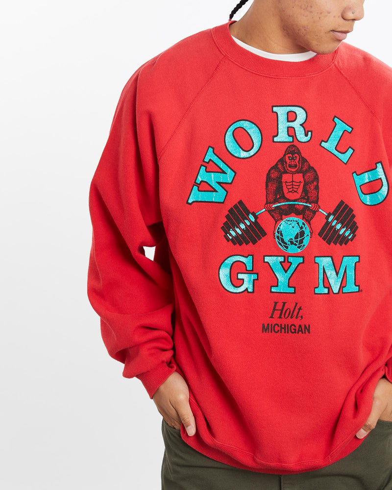 Vintage, 90s, World, Gym, Sweatshirt, The Real Deal, size large, colour Red, newtown, sydney, australia, thrift store, opshop, preloved, secondhand, sustainable, retro, antique, 70s, 80s, 90s, 2000s, 00s, fashion, clothing, streetwear, trendy, garment, style, boutique, store, shop, archive, sale, cheap, best, top, Sweats and hoodies