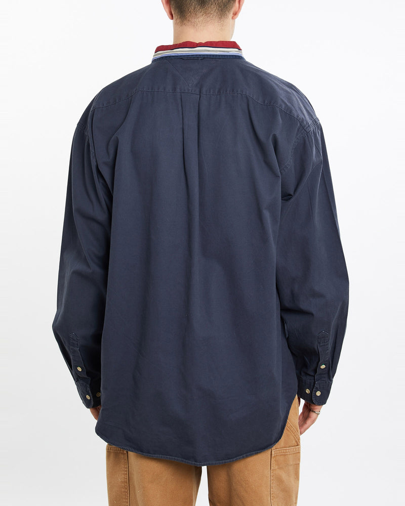 Vintage, 90s, Tommy, Hilfiger, Button, Up, Shirt, The Real Deal, size extra large, colour Navy, newtown, sydney, australia, thrift store, opshop, preloved, secondhand, sustainable, retro, antique, 70s, 80s, 90s, 2000s, 00s, fashion, clothing, streetwear, trendy, garment, style, boutique, store, shop, archive, sale, cheap, best, top, Shirts