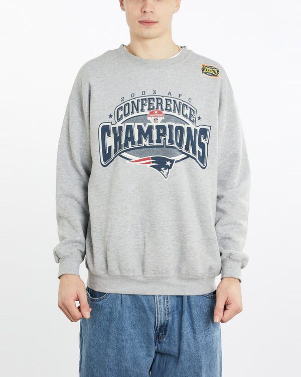 Vintage, NFL, New, England, Patriots, Super, Bowl, Sweatshirt, The Real Deal, size extra large, colour Grey, newtown, sydney, australia, thrift store, opshop, preloved, secondhand, sustainable, retro, antique, 70s, 80s, 90s, 2000s, 00s, fashion, clothing, streetwear, trendy, garment, style, boutique, store, shop, archive, sale, cheap, best, top, Sweats and hoodies