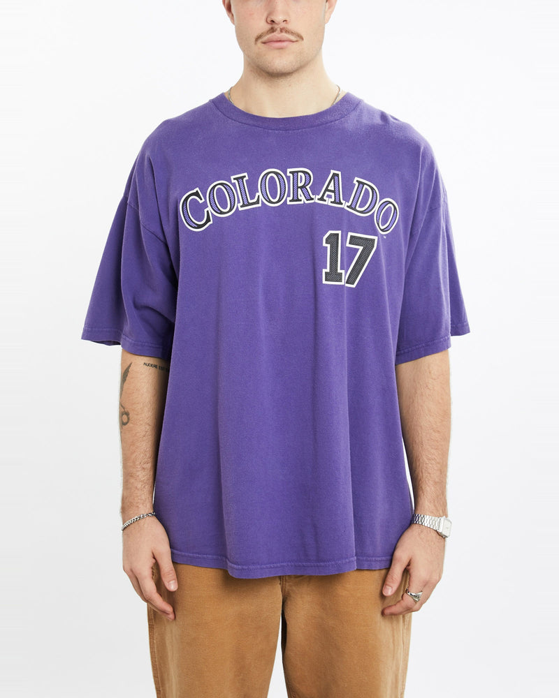 Vintage, MLB, Colorado, Rockies, Tee, The Real Deal, size extra large, colour Purple, newtown, sydney, australia, thrift store, opshop, preloved, secondhand, sustainable, retro, antique, 70s, 80s, 90s, 2000s, 00s, fashion, clothing, streetwear, trendy, garment, style, boutique, store, shop, archive, sale, cheap, best, top, T-Shirts