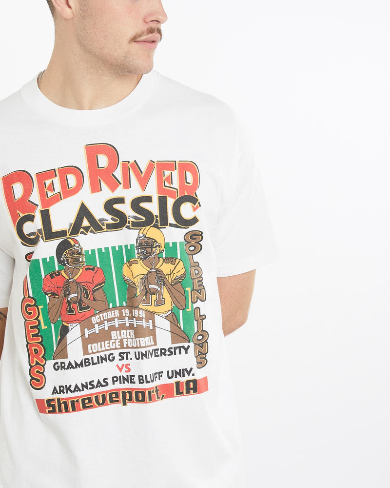 Vintage, 1996, Black, College, Football, "Red, River, Classic", Tee, The Real Deal, size extra large, colour White, newtown, sydney, australia, thrift store, opshop, preloved, secondhand, sustainable, retro, antique, 70s, 80s, 90s, 2000s, 00s, fashion, clothing, streetwear, trendy, garment, style, boutique, store, shop, archive, sale, cheap, best, top, T-Shirts