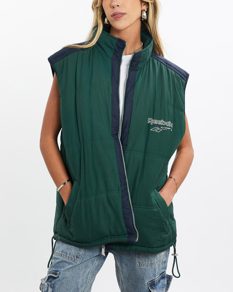 Vintage, 90s, Reebok, Puffer, Vest, The Real Deal, size medium, colour Green, newtown, sydney, australia, thrift store, opshop, preloved, secondhand, sustainable, retro, antique, 70s, 80s, 90s, 2000s, 00s, fashion, clothing, streetwear, trendy, garment, style, boutique, store, shop, archive, sale, cheap, best, top, Jackets