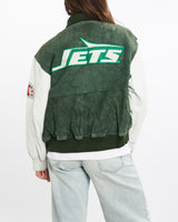 Vintage, 90s, NFL, New, York, Jets, Varsity, Jacket, The Real Deal, size medium, colour Green, newtown, sydney, australia, thrift store, opshop, preloved, secondhand, sustainable, retro, antique, 70s, 80s, 90s, 2000s, 00s, fashion, clothing, streetwear, trendy, garment, style, boutique, store, shop, archive, sale, cheap, best, top, Jackets