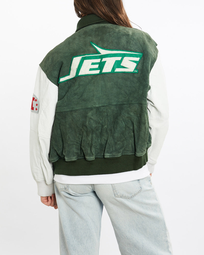Vintage, 90s, NFL, New, York, Jets, Varsity, Jacket, The Real Deal, size medium, colour Green, newtown, sydney, australia, thrift store, opshop, preloved, secondhand, sustainable, retro, antique, 70s, 80s, 90s, 2000s, 00s, fashion, clothing, streetwear, trendy, garment, style, boutique, store, shop, archive, sale, cheap, best, top, Jackets