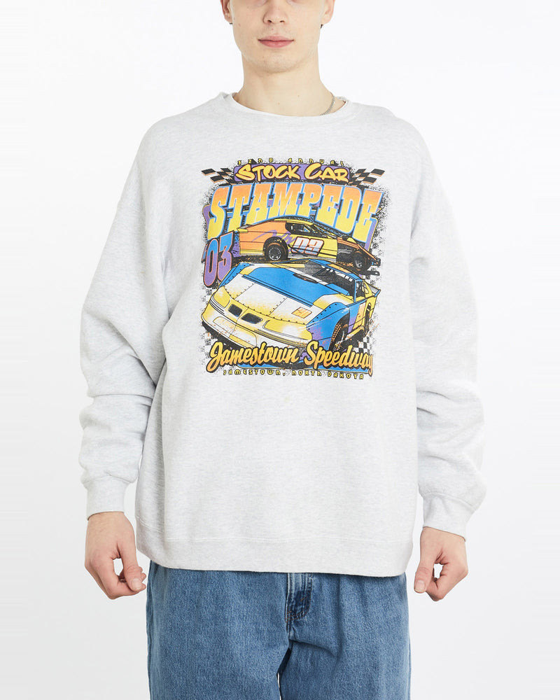 Vintage, Jamestown, Speedway, Racing, Sweatshirt, The Real Deal, size extra large, colour Grey, newtown, sydney, australia, thrift store, opshop, preloved, secondhand, sustainable, retro, antique, 70s, 80s, 90s, 2000s, 00s, fashion, clothing, streetwear, trendy, garment, style, boutique, store, shop, archive, sale, cheap, best, top, Sweats and hoodies