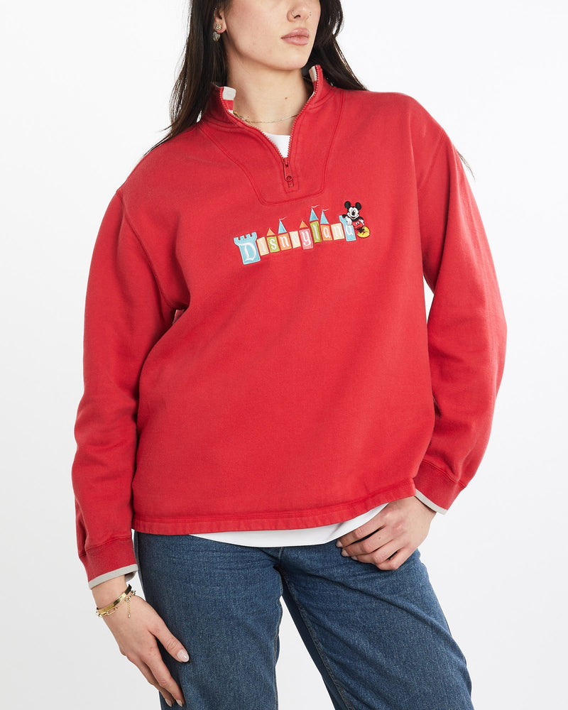 Vintage, 90s, Mickey, Mouse, Disneyland, Quarter, Zip, Sweatshirt, The Real Deal, size medium, colour Red, newtown, sydney, australia, thrift store, opshop, preloved, secondhand, sustainable, retro, antique, 70s, 80s, 90s, 2000s, 00s, fashion, clothing, streetwear, trendy, garment, style, boutique, store, shop, archive, sale, cheap, best, top, Sweats and hoodies