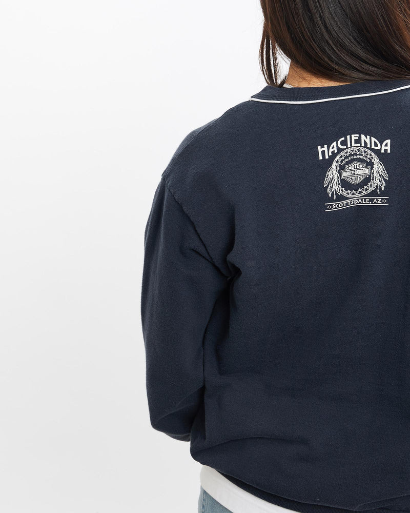 Vintage, 90s, Harley, Davidson, Lightweight, Sweatshirt, The Real Deal, size double extra small, colour Navy, newtown, sydney, australia, thrift store, opshop, preloved, secondhand, sustainable, retro, antique, 70s, 80s, 90s, 2000s, 00s, fashion, clothing, streetwear, trendy, garment, style, boutique, store, shop, archive, sale, cheap, best, top, Sweats and hoodies