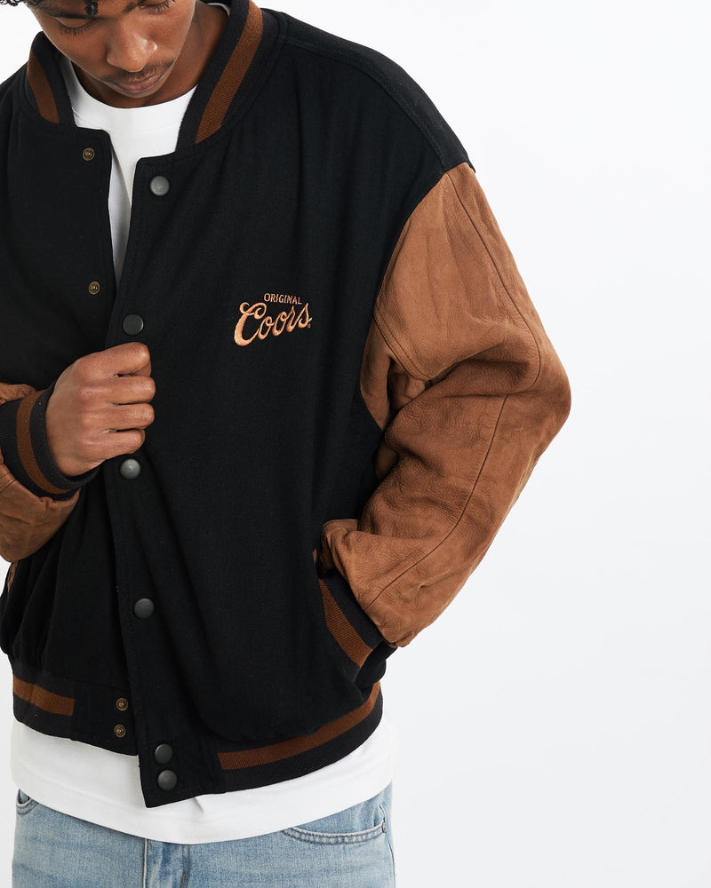 Vintage, 90s, Coors, Beer, Varsity, Jacket, The Real Deal, size large, colour Black, newtown, sydney, australia, thrift store, opshop, preloved, secondhand, sustainable, retro, antique, 70s, 80s, 90s, 2000s, 00s, fashion, clothing, streetwear, trendy, garment, style, boutique, store, shop, archive, sale, cheap, best, top, Jackets