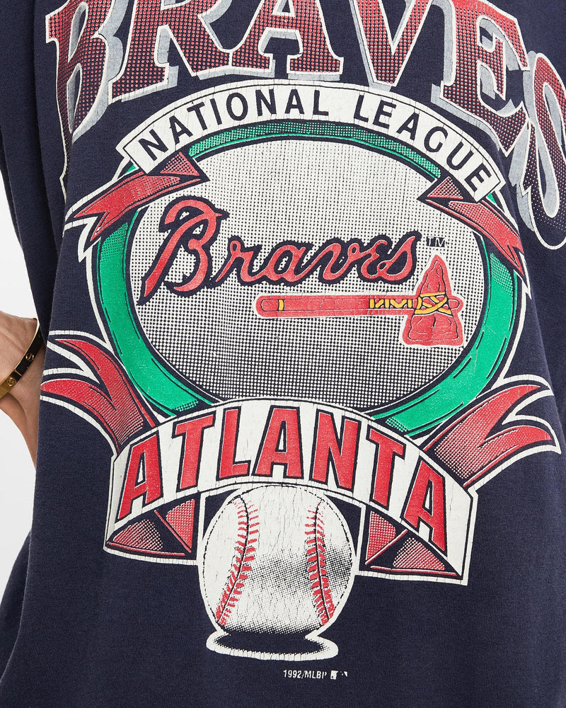Vintage, 1992, MLB, Atlanta, Braves, Tee, The Real Deal, size extra small, colour Navy, newtown, sydney, australia, thrift store, opshop, preloved, secondhand, sustainable, retro, antique, 70s, 80s, 90s, 2000s, 00s, fashion, clothing, streetwear, trendy, garment, style, boutique, store, shop, archive, sale, cheap, best, top, T-Shirts