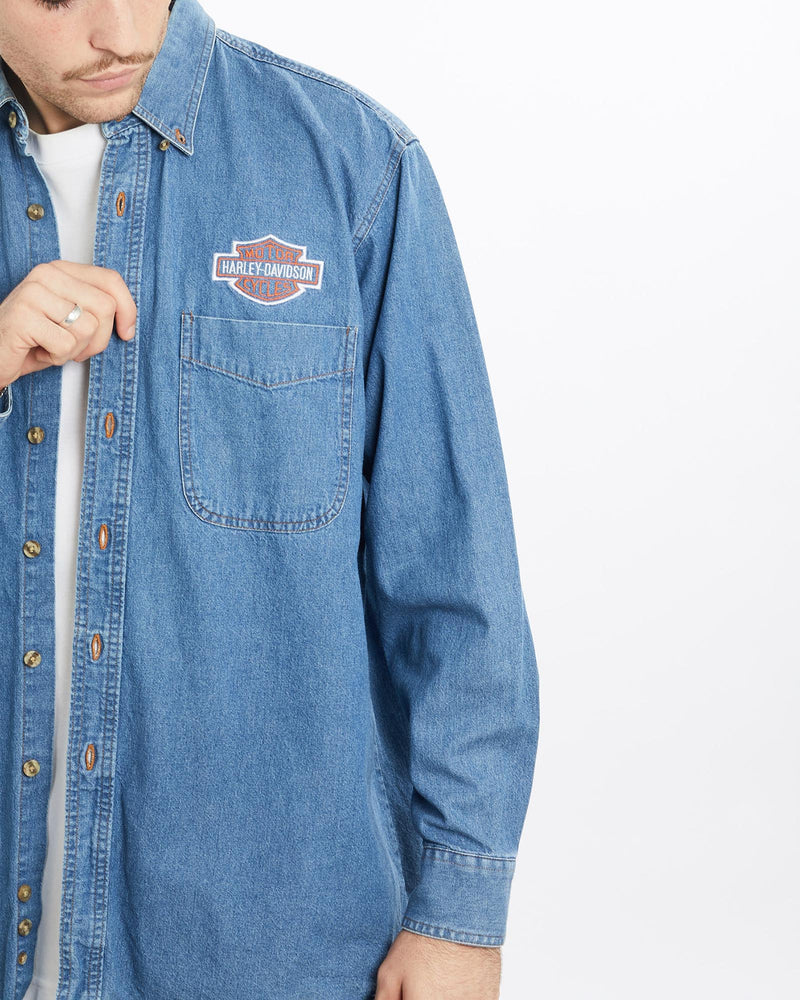 Vintage, 90s, Harley, Davidson, Denim, Button, Up, Shirt, The Real Deal, size extra large, colour Blue, newtown, sydney, australia, thrift store, opshop, preloved, secondhand, sustainable, retro, antique, 70s, 80s, 90s, 2000s, 00s, fashion, clothing, streetwear, trendy, garment, style, boutique, store, shop, archive, sale, cheap, best, top, Shirts