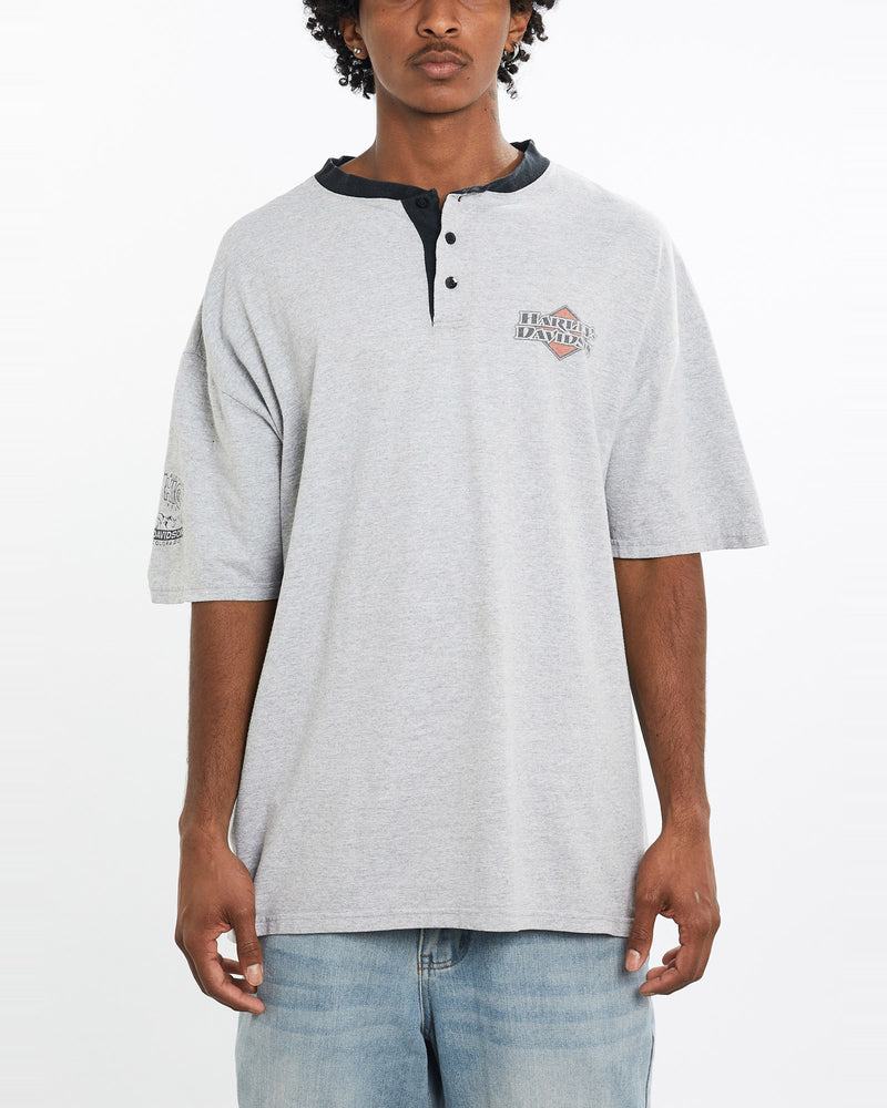 Vintage, Harley, Davidson, Henley, Tee, The Real Deal, size extra large, colour Grey, newtown, sydney, australia, thrift store, opshop, preloved, secondhand, sustainable, retro, antique, 70s, 80s, 90s, 2000s, 00s, fashion, clothing, streetwear, trendy, garment, style, boutique, store, shop, archive, sale, cheap, best, top, T-Shirts