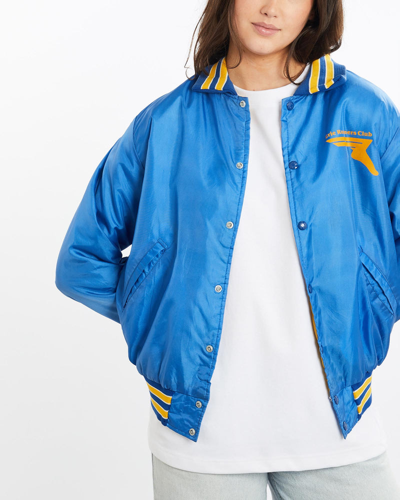Vintage, 90s, Erie, Runners, Club, Satin, Bomber, Jacket, The Real Deal, size medium, colour Blue, newtown, sydney, australia, thrift store, opshop, preloved, secondhand, sustainable, retro, antique, 70s, 80s, 90s, 2000s, 00s, fashion, clothing, streetwear, trendy, garment, style, boutique, store, shop, archive, sale, cheap, best, top, Jackets