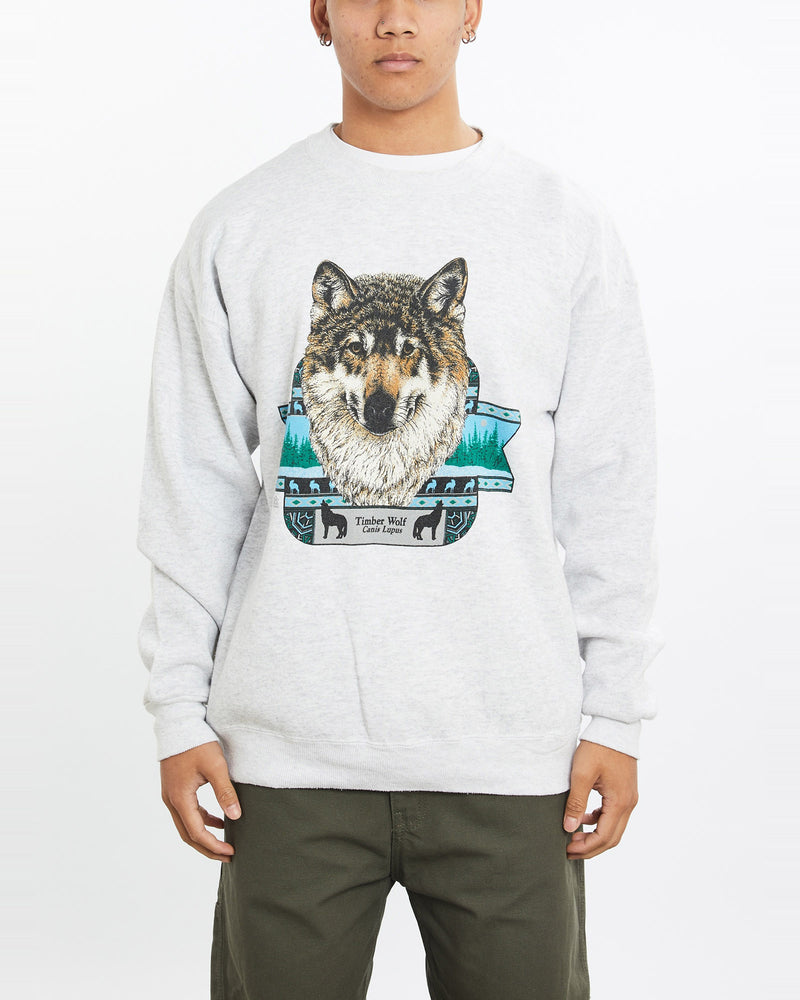 Vintage, 90s, Timber, Wolf, Wildlife, Sweatshirt, The Real Deal, size large, colour Grey, newtown, sydney, australia, thrift store, opshop, preloved, secondhand, sustainable, retro, antique, 70s, 80s, 90s, 2000s, 00s, fashion, clothing, streetwear, trendy, garment, style, boutique, store, shop, archive, sale, cheap, best, top, Sweats and hoodies
