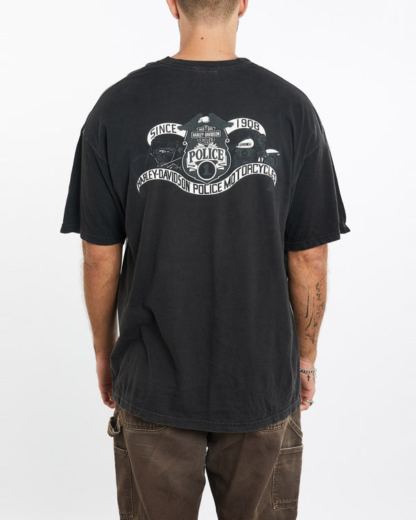 Vintage, Harley, Davidson, Police, Tee, The Real Deal, size extra large, colour Black, newtown, sydney, australia, thrift store, opshop, preloved, secondhand, sustainable, retro, antique, 70s, 80s, 90s, 2000s, 00s, fashion, clothing, streetwear, trendy, garment, style, boutique, store, shop, archive, sale, cheap, best, top, T-Shirts