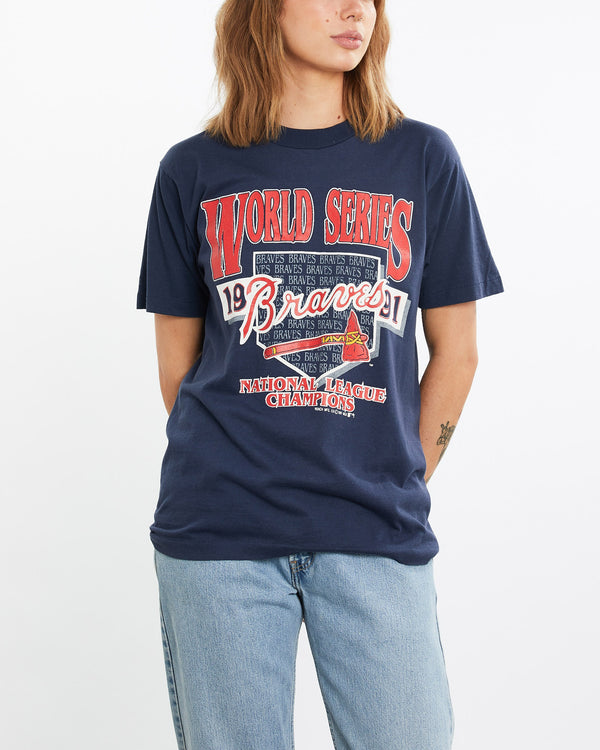 Vintage, 1991, MLB, Atlanta, Braves, World, Series, Tee, The Real Deal, size medium, colour Navy, newtown, sydney, australia, thrift store, opshop, preloved, secondhand, sustainable, retro, antique, 70s, 80s, 90s, 2000s, 00s, fashion, clothing, streetwear, trendy, garment, style, boutique, store, shop, archive, sale, cheap, best, top, T-Shirts