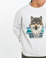 Vintage, 90s, Timber, Wolf, Wildlife, Sweatshirt, The Real Deal, size large, colour Grey, newtown, sydney, australia, thrift store, opshop, preloved, secondhand, sustainable, retro, antique, 70s, 80s, 90s, 2000s, 00s, fashion, clothing, streetwear, trendy, garment, style, boutique, store, shop, archive, sale, cheap, best, top, Sweats and hoodies