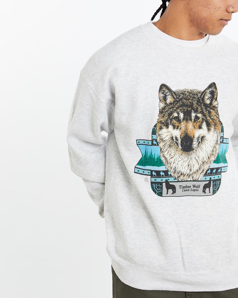 Vintage, 90s, Timber, Wolf, Wildlife, Sweatshirt, The Real Deal, size large, colour Grey, newtown, sydney, australia, thrift store, opshop, preloved, secondhand, sustainable, retro, antique, 70s, 80s, 90s, 2000s, 00s, fashion, clothing, streetwear, trendy, garment, style, boutique, store, shop, archive, sale, cheap, best, top, Sweats and hoodies