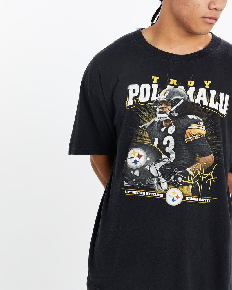 Vintage, Troy, Polamalu, NFL, Pittsburgh, Steelers, Tee, The Real Deal, size large, colour Black, newtown, sydney, australia, thrift store, opshop, preloved, secondhand, sustainable, retro, antique, 70s, 80s, 90s, 2000s, 00s, fashion, clothing, streetwear, trendy, garment, style, boutique, store, shop, archive, sale, cheap, best, top, T-Shirts