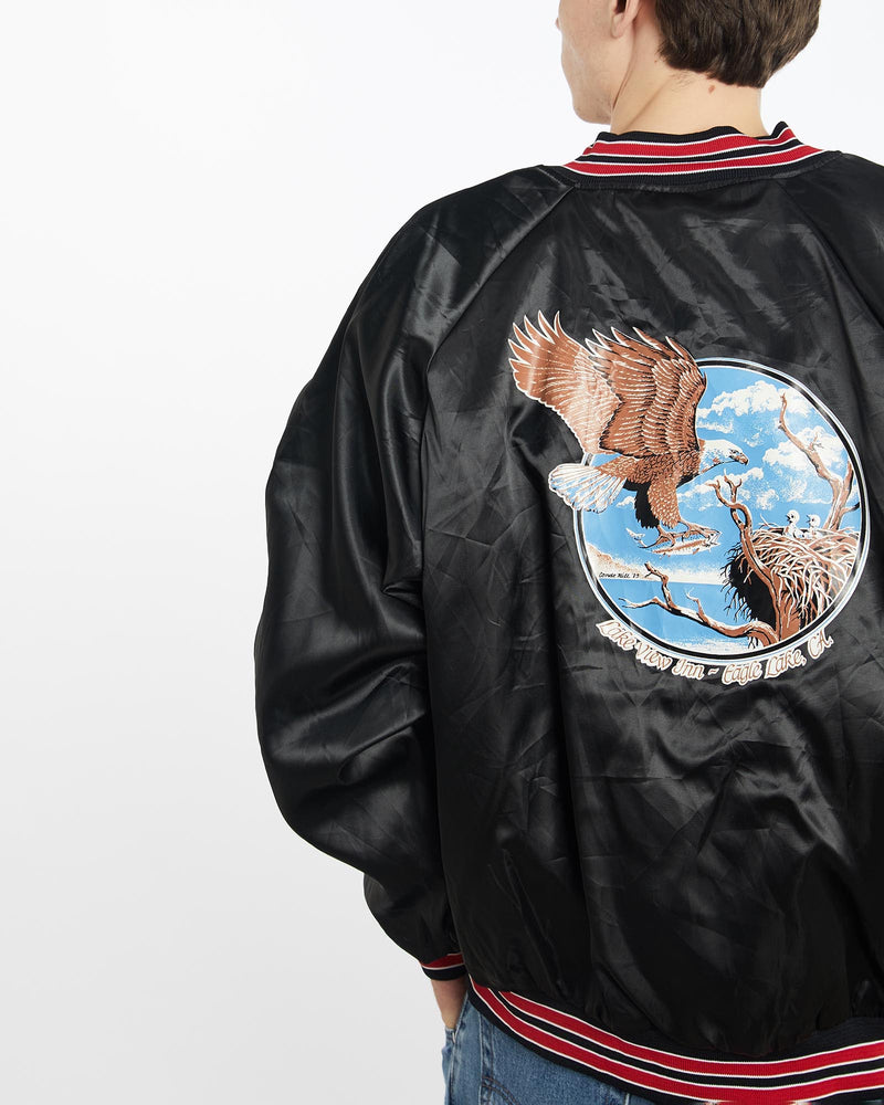 Vintage, 1989, Eagle, Wildlife, Satin, Bomber, Jacket, The Real Deal, size extra large, colour Black, newtown, sydney, australia, thrift store, opshop, preloved, secondhand, sustainable, retro, antique, 70s, 80s, 90s, 2000s, 00s, fashion, clothing, streetwear, trendy, garment, style, boutique, store, shop, archive, sale, cheap, best, top, Jackets