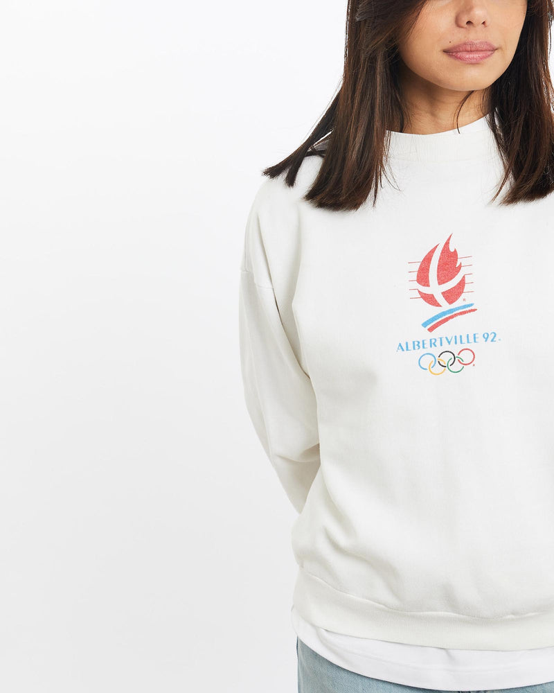 Vintage, 1992, Albertville, France, Olympics, Sweatshirt, The Real Deal, size double extra small, colour White, newtown, sydney, australia, thrift store, opshop, preloved, secondhand, sustainable, retro, antique, 70s, 80s, 90s, 2000s, 00s, fashion, clothing, streetwear, trendy, garment, style, boutique, store, shop, archive, sale, cheap, best, top, Sweats and hoodies