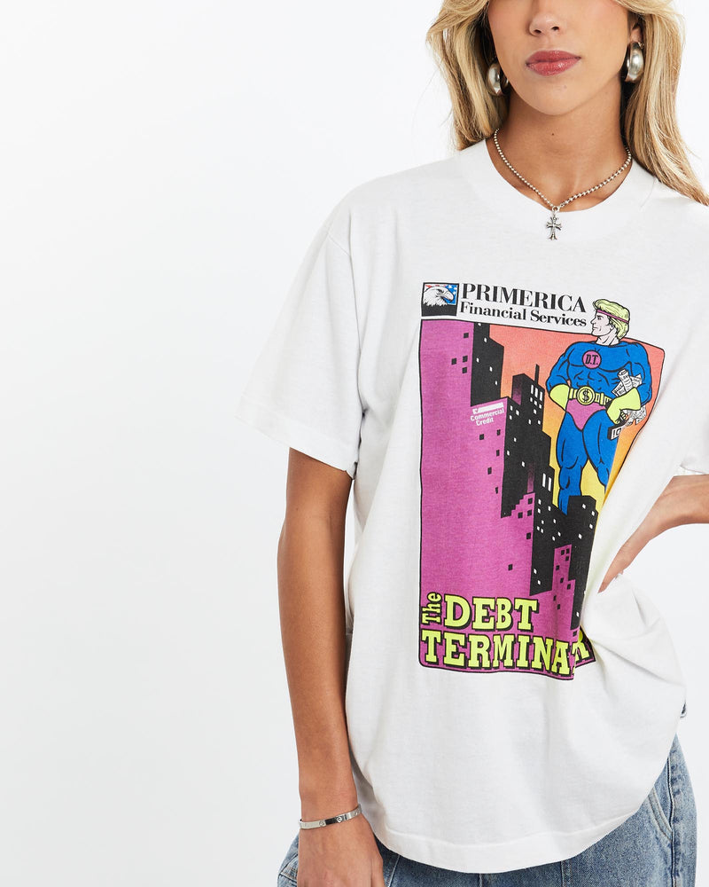 Vintage, 90s, The, Debt, Terminator', Tee, The Real Deal, size small, colour White, newtown, sydney, australia, thrift store, opshop, preloved, secondhand, sustainable, retro, antique, 70s, 80s, 90s, 2000s, 00s, fashion, clothing, streetwear, trendy, garment, style, boutique, store, shop, archive, sale, cheap, best, top, T-Shirts