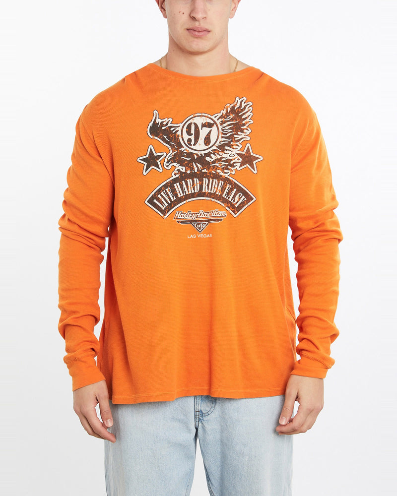 Vintage, Harley, Davidson, Long, Sleeve, Thermal, Tee, The Real Deal, size double extra large, colour Orange, newtown, sydney, australia, thrift store, opshop, preloved, secondhand, sustainable, retro, antique, 70s, 80s, 90s, 2000s, 00s, fashion, clothing, streetwear, trendy, garment, style, boutique, store, shop, archive, sale, cheap, best, top, T-Shirts