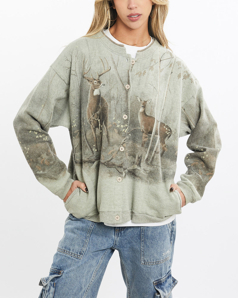 Vintage, 90s, Dear, Wildlife, Button, Up, Sweatshirt, The Real Deal, size extra small, colour Green, newtown, sydney, australia, thrift store, opshop, preloved, secondhand, sustainable, retro, antique, 70s, 80s, 90s, 2000s, 00s, fashion, clothing, streetwear, trendy, garment, style, boutique, store, shop, archive, sale, cheap, best, top, Sweats and hoodies