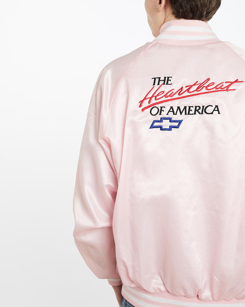 Vintage, 90s, Chevy, Heartbeat, Of, America', Satin, Bomber, Jacket, The Real Deal, size extra large, colour Pink, newtown, sydney, australia, thrift store, opshop, preloved, secondhand, sustainable, retro, antique, 70s, 80s, 90s, 2000s, 00s, fashion, clothing, streetwear, trendy, garment, style, boutique, store, shop, archive, sale, cheap, best, top, Jackets