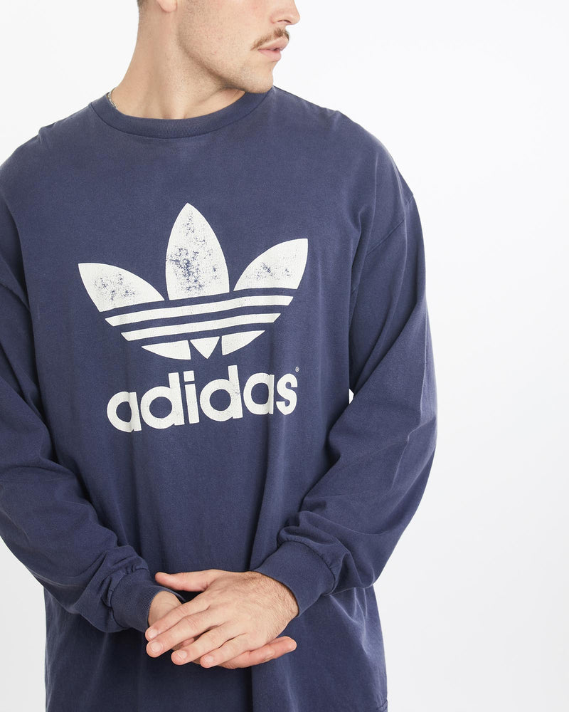 Vintage, Adidas, Long, Sleeve, Tee, The Real Deal, size extra large, colour Navy, newtown, sydney, australia, thrift store, opshop, preloved, secondhand, sustainable, retro, antique, 70s, 80s, 90s, 2000s, 00s, fashion, clothing, streetwear, trendy, garment, style, boutique, store, shop, archive, sale, cheap, best, top, T-Shirts