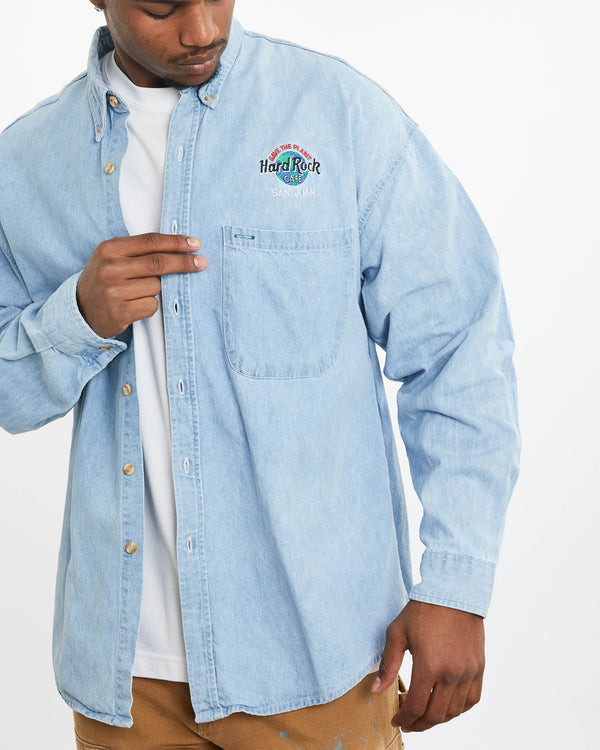 Vintage 90s Hard Rock Cafe Denim Button Up Shirt <br>XL , The Real Deal , newtown, sydney, australia, thrift store, opshop, preloved, secondhand, sustainable, retro, antique, 70s, 80s, 90s, 2000s, 00s, fashion, clothing, streetwear, trendy, garment, style, boutique, store, shop, archive, sale, cheap, best, top