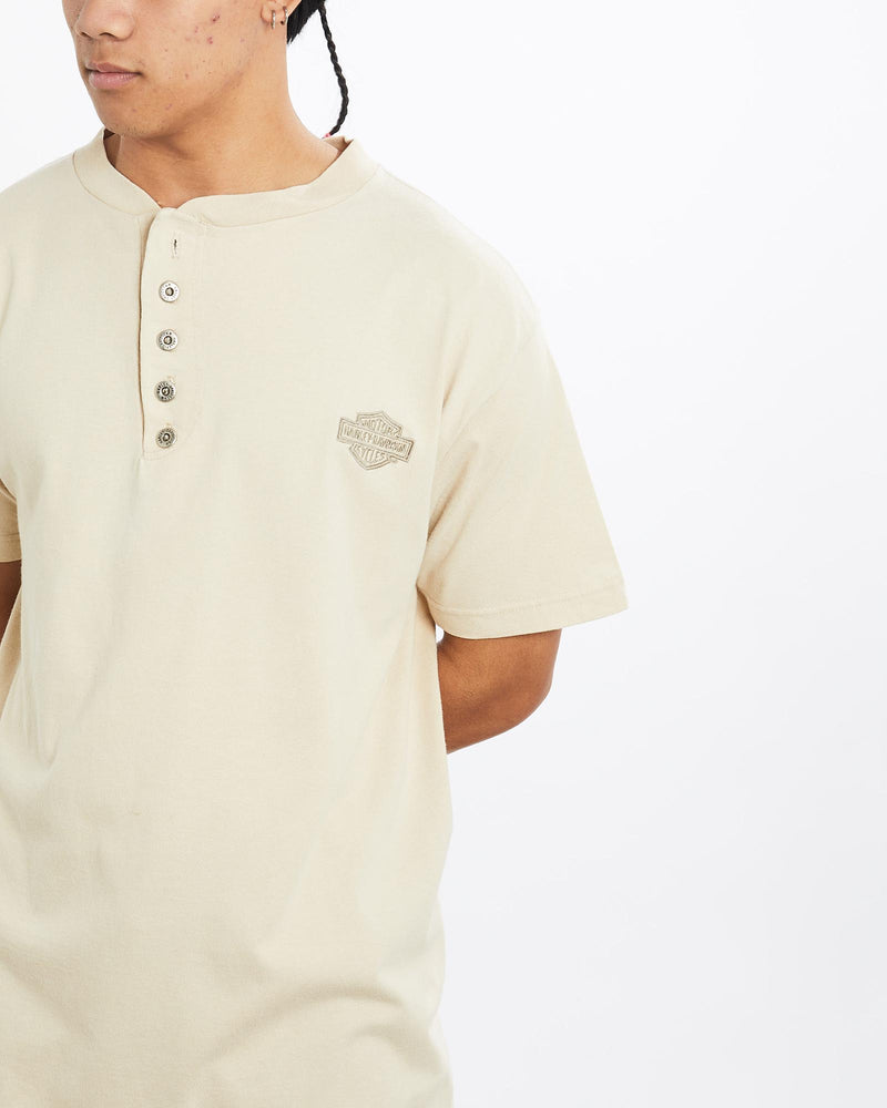 Vintage, Harley, Davidson, Henley, Tee, The Real Deal, size large, colour Beige, newtown, sydney, australia, thrift store, opshop, preloved, secondhand, sustainable, retro, antique, 70s, 80s, 90s, 2000s, 00s, fashion, clothing, streetwear, trendy, garment, style, boutique, store, shop, archive, sale, cheap, best, top, T-Shirts