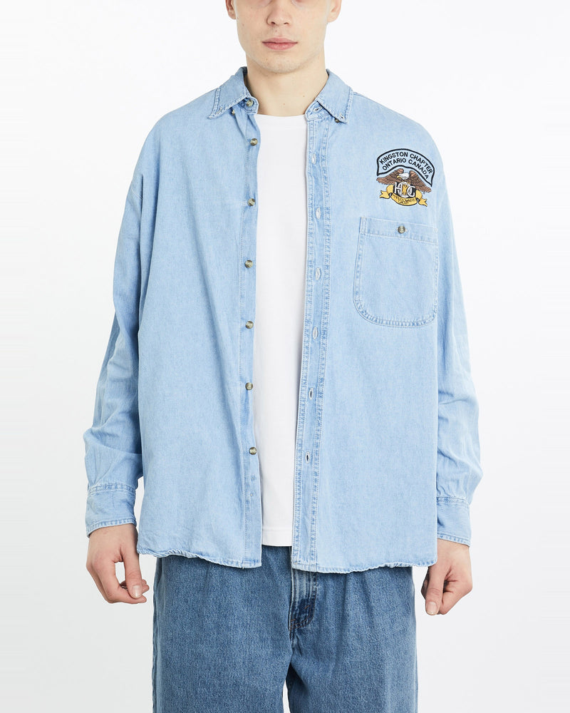 Vintage, 90s, Harley, Davidson, Owners, Group, Denim, Button, Up, Shirt, The Real Deal, size extra large, colour Blue, newtown, sydney, australia, thrift store, opshop, preloved, secondhand, sustainable, retro, antique, 70s, 80s, 90s, 2000s, 00s, fashion, clothing, streetwear, trendy, garment, style, boutique, store, shop, archive, sale, cheap, best, top, Shirts
