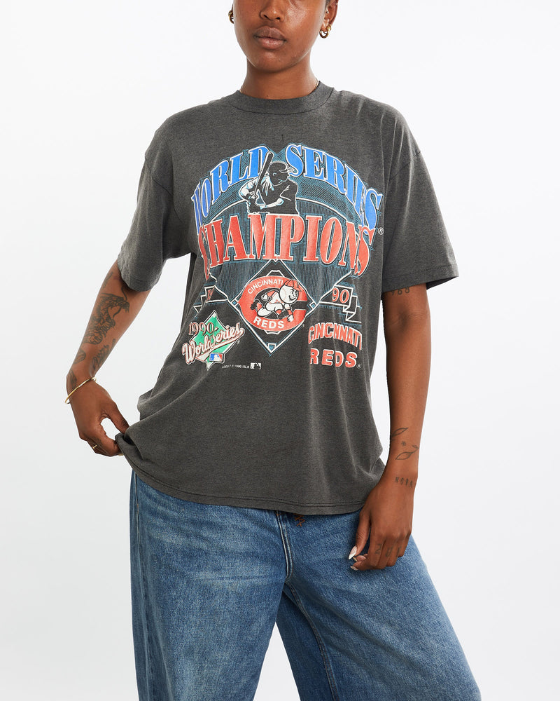 Vintage, 1990, MLB, Cincinnati, Reds, World, Series, Tee, The Real Deal, size medium, colour Grey, newtown, sydney, australia, thrift store, opshop, preloved, secondhand, sustainable, retro, antique, 70s, 80s, 90s, 2000s, 00s, fashion, clothing, streetwear, trendy, garment, style, boutique, store, shop, archive, sale, cheap, best, top, T-Shirts