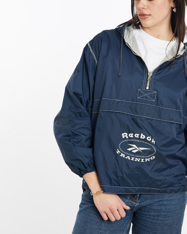 Vintage, 90s, Reebok, Windbreaker, Jacket, The Real Deal, size small, colour Navy, newtown, sydney, australia, thrift store, opshop, preloved, secondhand, sustainable, retro, antique, 70s, 80s, 90s, 2000s, 00s, fashion, clothing, streetwear, trendy, garment, style, boutique, store, shop, archive, sale, cheap, best, top, Jackets