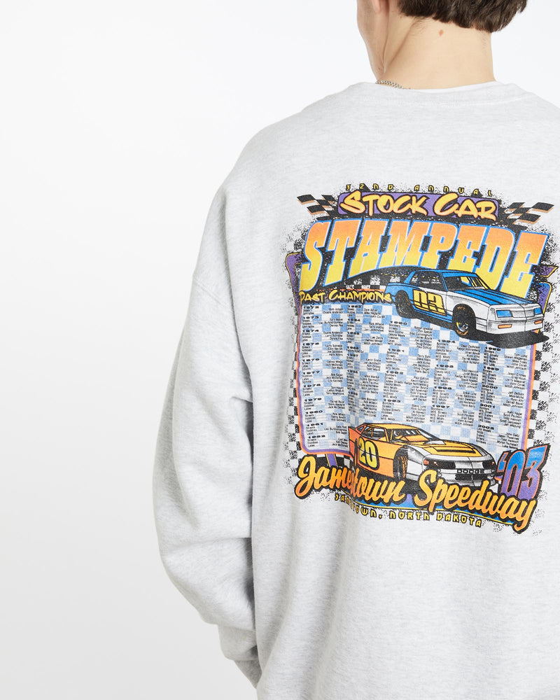 Vintage, Jamestown, Speedway, Racing, Sweatshirt, The Real Deal, size extra large, colour Grey, newtown, sydney, australia, thrift store, opshop, preloved, secondhand, sustainable, retro, antique, 70s, 80s, 90s, 2000s, 00s, fashion, clothing, streetwear, trendy, garment, style, boutique, store, shop, archive, sale, cheap, best, top, Sweats and hoodies