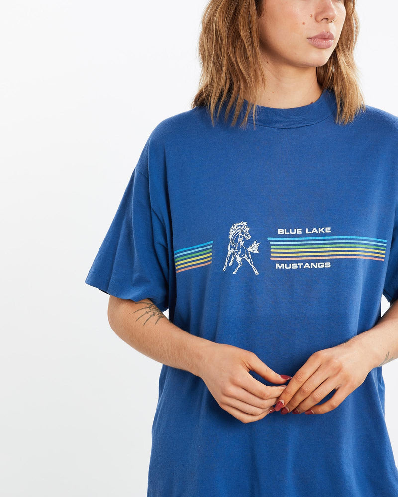 Vintage, 80s, Blue, Lake, Mustangs, Tee, The Real Deal, size medium, colour Blue, newtown, sydney, australia, thrift store, opshop, preloved, secondhand, sustainable, retro, antique, 70s, 80s, 90s, 2000s, 00s, fashion, clothing, streetwear, trendy, garment, style, boutique, store, shop, archive, sale, cheap, best, top, T-Shirts